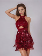 Wine Red Solid Halter Backless Sequin Fringe Cocktail Mini Dress