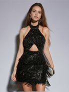 Black Solid Halter Backless Sequin Fringe Cocktail Mini Dress