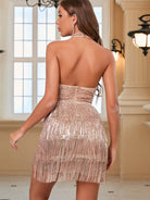 Champagne Solid Halter Backless Sequin Fringe Cocktail Mini Dress