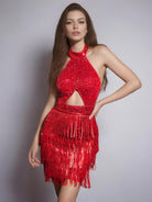 Red Solid Halter Backless Sequin Fringe Cocktail Mini Dress