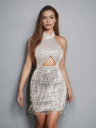 Silver Solid Halter Backless Sequin Fringe Cocktail Mini Dress