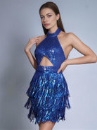 Blue Solid Halter Backless Sequin Fringe Cocktail Mini Dress