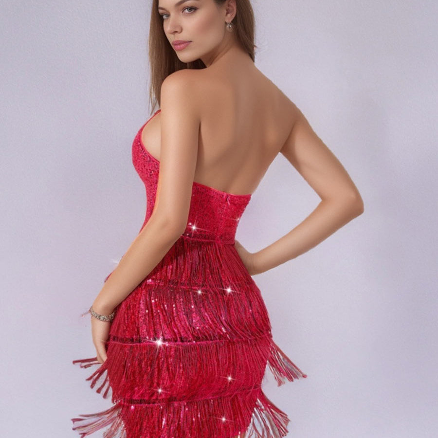 Rose Red Solid Halter Backless Sequin Fringe Cocktail Mini Dress