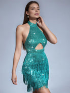 Teal Solid Halter Backless Sequin Fringe Cocktail Mini Dress