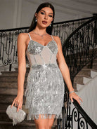 Silver Solid Slip Waist-Cinching Sequin Fringe Cocktail Dress