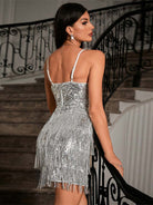 Solid Silver Slip Waist-Cinching Sequin Fringe Cocktail Dress