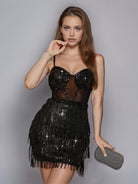 Black Solid Slip Waist-Cinching Sequin Fringe Cocktail Dress