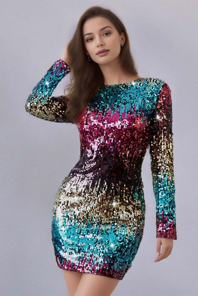 Blue Red Ombre Sequin Long Sleeve Party Mini Dress