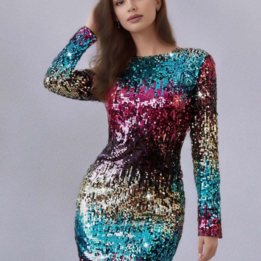 Blue Red Ombre Sequin Long Sleeve Party Mini Dress