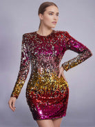 Gold Red Ombre Sequin Long Sleeve Party Mini Dress