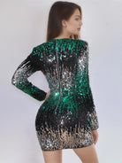 Green Silver Ombre Sequin Long Sleeve Party Mini Dress