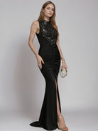 Black Mermaid Sequin Slit Maxi Gown