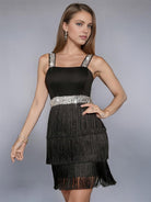 Sequin Colorblock Fringe Slip Party Dress