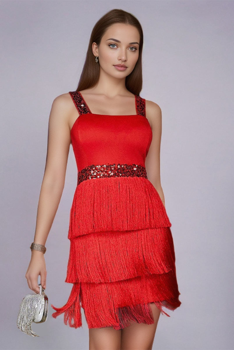 Slip Colorblock Sequin Fringe Party Dress