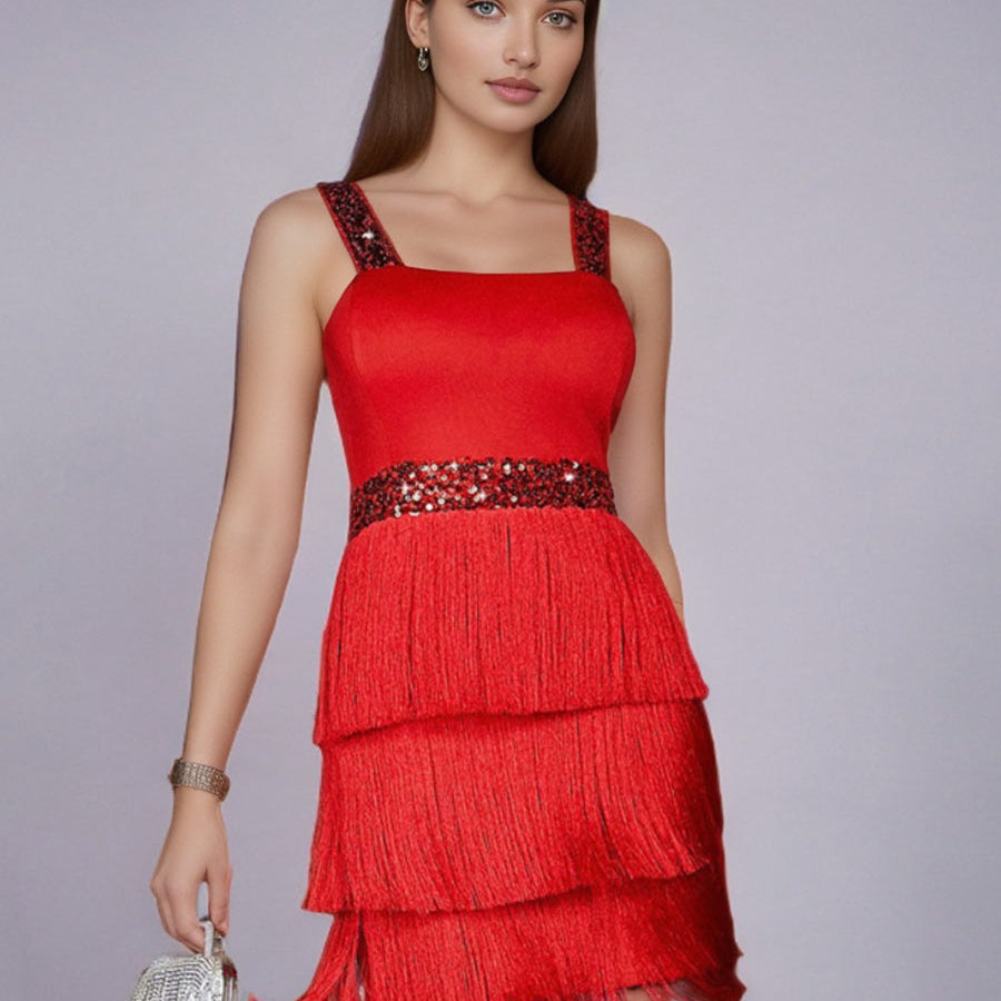 Slip Colorblock Sequin Fringe Party Dress