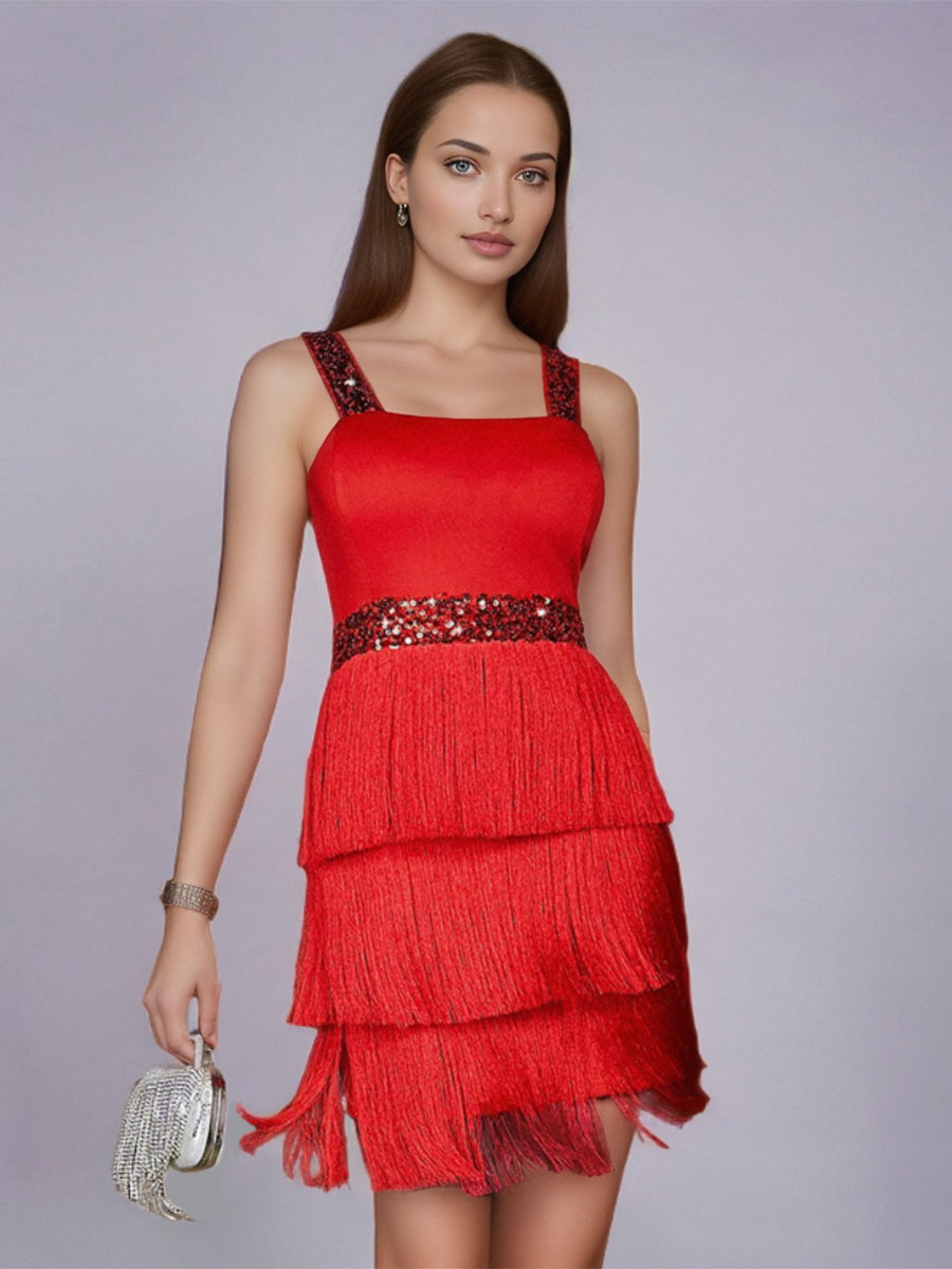 Slip Colorblock Sequin Fringe Party Dress
