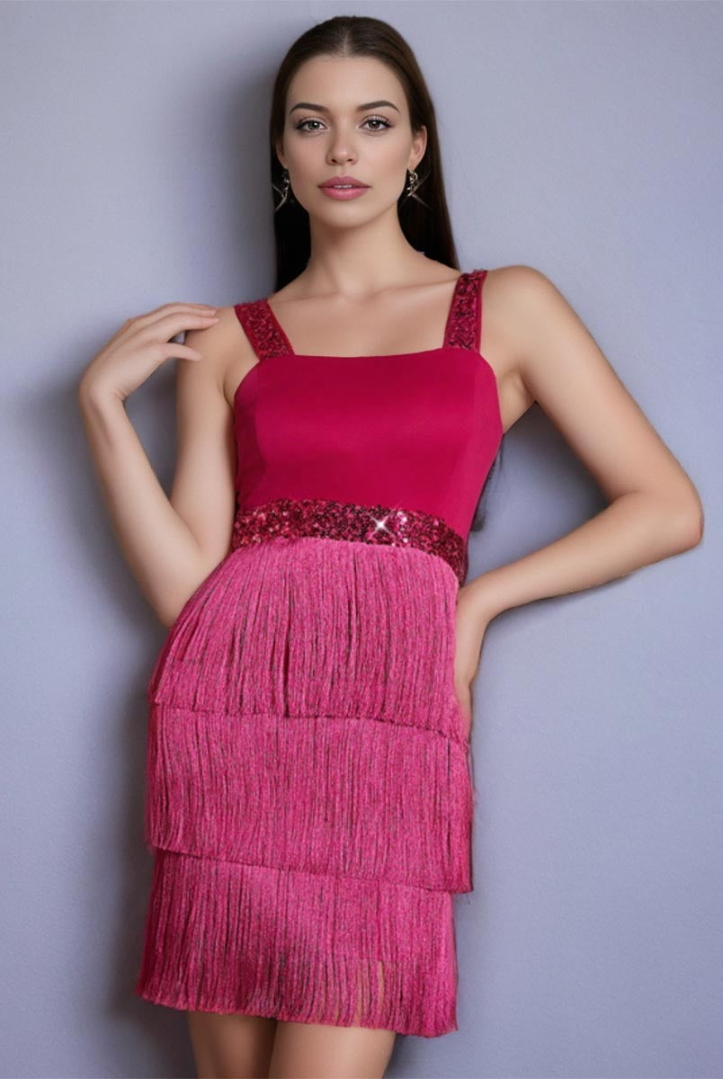Sparkling Sequin Colorblock Slip Dress with Fringe