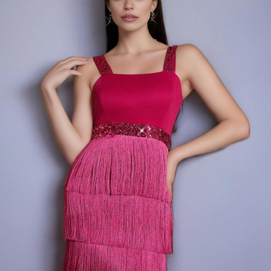 Sparkling Sequin Colorblock Slip Dress with Fringe