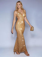 Sequin Mermaid V-Neck Cutout Champagne Gown