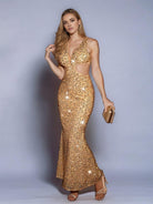 V-Neck Mermaid Sequin Cutout Champagne Gown