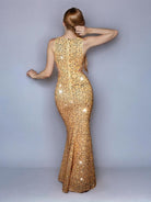 Champagne Mermaid Sequin V-Neck Cutout Gown