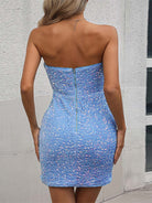 Slit Sequin Sky Blue Strapless V-Neck Cocktail Dress