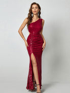 Sequin One-Shoulder Cutout Mermaid Evening Gown