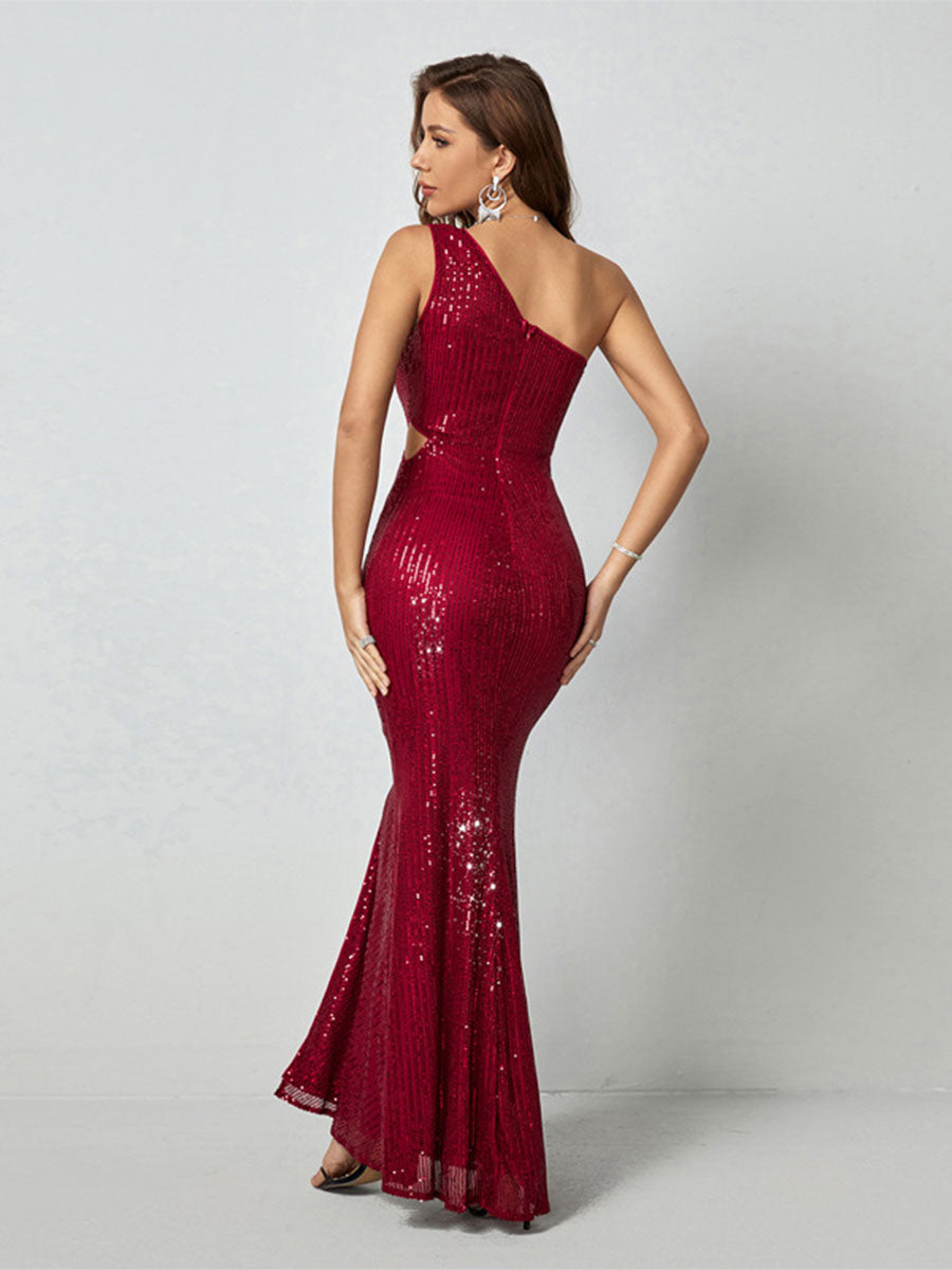 Mermaid Sequin One-Shoulder Cutout Evening Gown