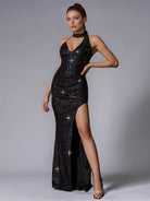Navy Blue Mermaid Sequin Halter Neck Backless Gown with High Slit