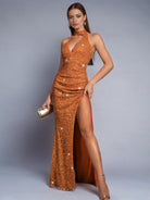 Orange Mermaid Sequin Halter Neck Backless Gown with High Slit