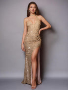 Camel Mermaid Sequin Halter Neck Backless Gown with High Slit