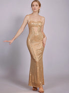 Cutout Sequin Mermaid Slip Champagne Gown