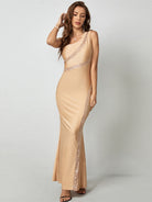 Champagne Mermaid Sequin One-Shoulder High-Waist Colorblock Gown