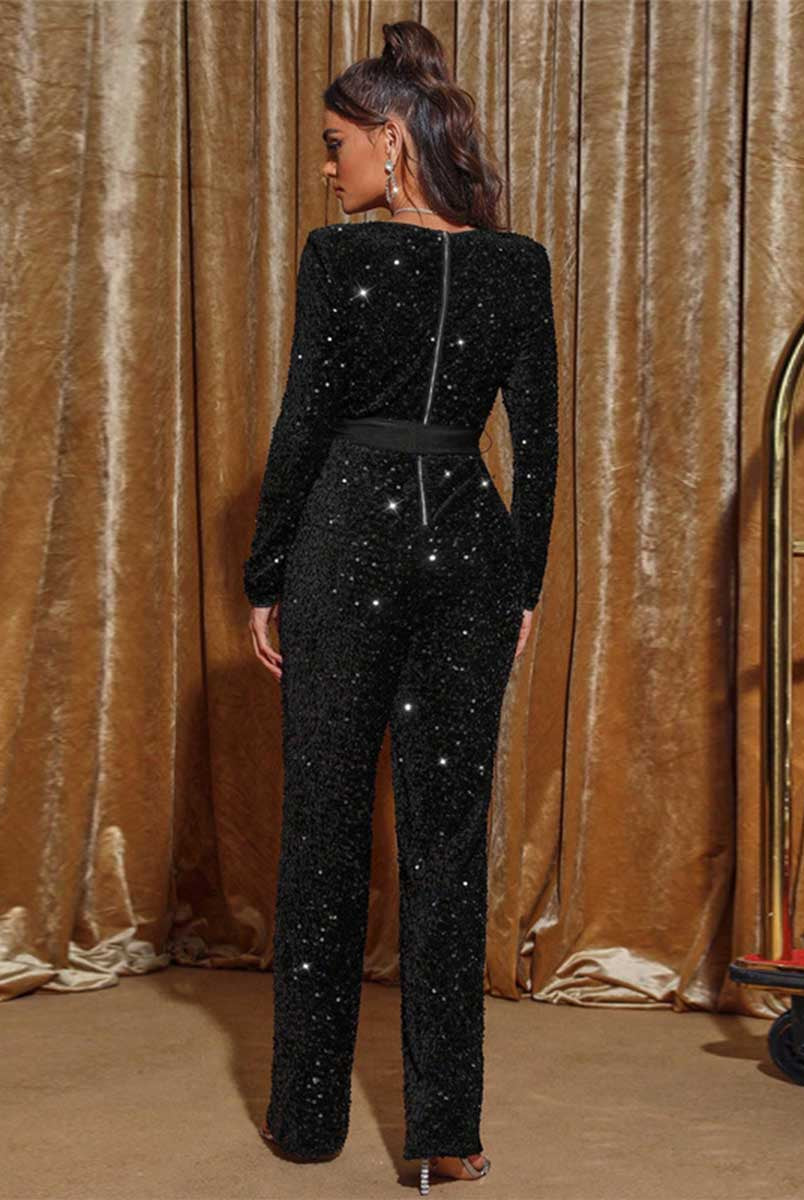 Jumpsuit with Sequin Long Sleeves, Tie-Waist, and Bow Detail