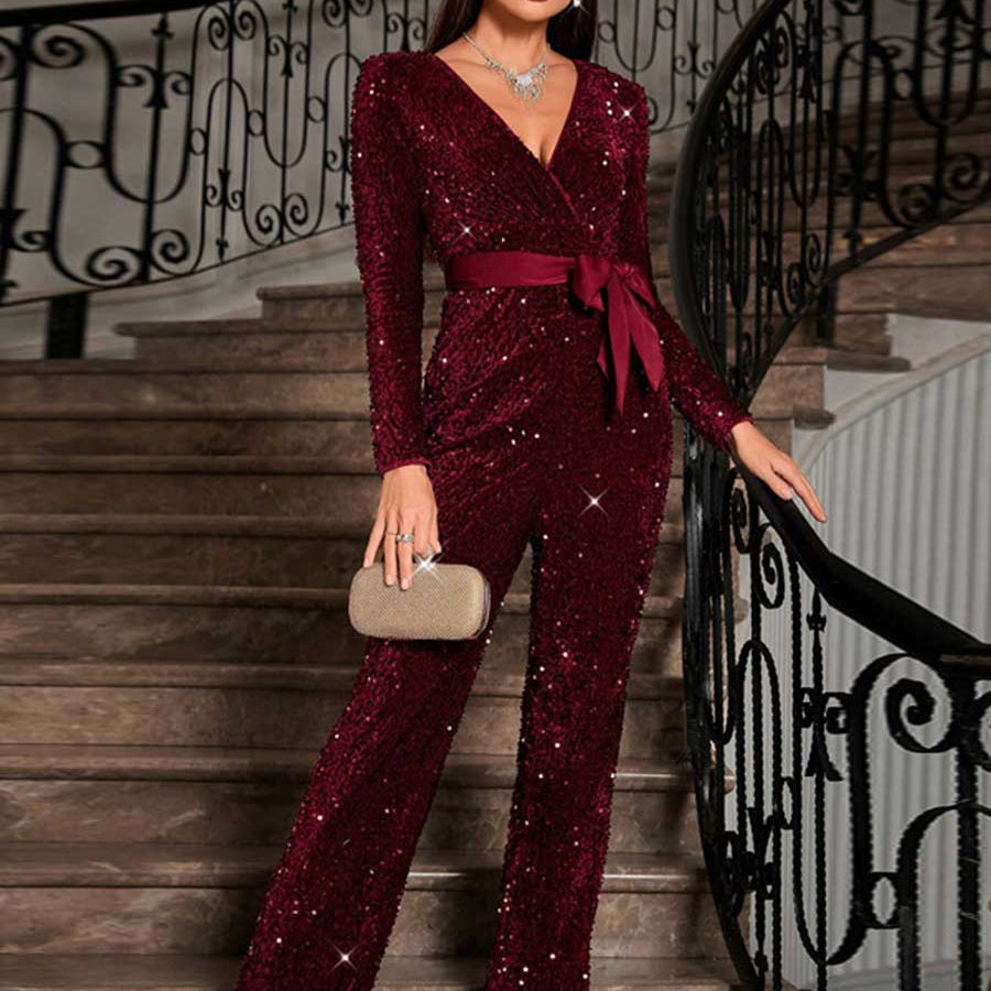 Sparkling Sequin Jumpsuit - Long Sleeve, Tie-Waist, Bow Detail