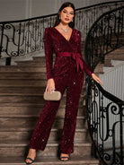 Sparkling Sequin Jumpsuit - Long Sleeve, Tie-Waist, Bow Detail