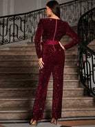 Bow Detail Sequin Long Sleeve Jumpsuit with Tie-Waist