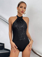 Elegant Solid Bodysuit with Halter Sequin Neck