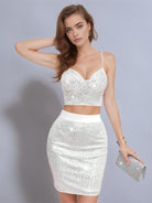 Sequin White V-Neck Cami Top and Skirt Set