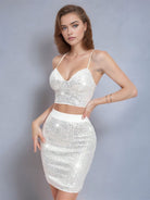 White Sequin Cami Top and Skirt Set with V-Neck