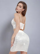 Sparkling White Sequin V-Neck Cami Top & Skirt Set