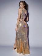 High-Waist Wrap Sequin High-Slit Mermaid Gown