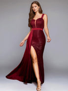 Wine Red Sequin Mermaid Gown with Waist Cape and Front Slit