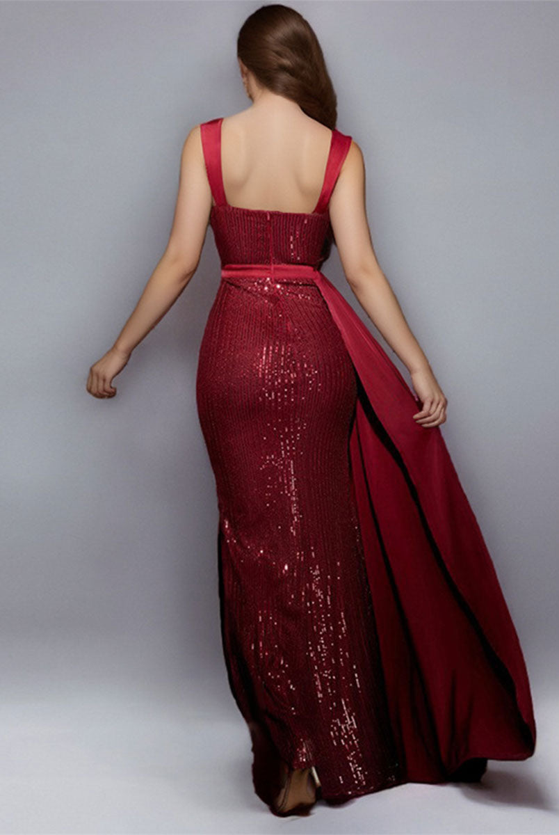 Sequin Wine Red Mermaid Gown with Waist Cape and Front Slit