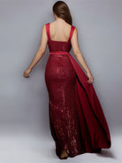 Sequin Wine Red Mermaid Gown with Waist Cape and Front Slit