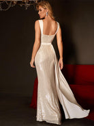Sequin Champagne Mermaid Gown with Waist Cape and Front Slit
