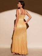 Sequin Gold Mermaid Gown with Waist Cape and Front Slit