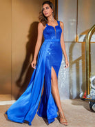 Blue Sequin Mermaid Gown with Waist Cape and Front Slit