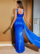 Sequin Blue Mermaid Gown with Waist Cape and Front Slit