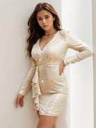 Ruffle Sequin V-Neck Dress with Regular Sleeves - Apricot